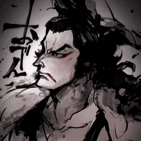 a black and white drawing of a man with long hair and a red eye
