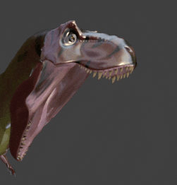 a close up of a dinosaur 's head with its mouth open and teeth visible