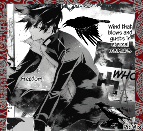 a picture of a man with a crow and the words wind that blows and gusts in eternal measure on the bottom