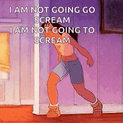 a cartoon of a girl standing next to a wall with the words `` i am not going go scream '' .