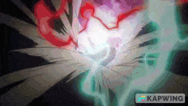 a cartoon character is being attacked by a purple and green light and the word kapwing is visible in the corner .