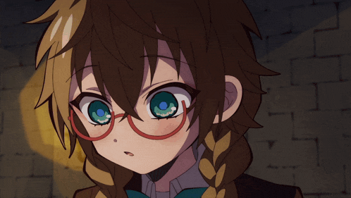 a girl with glasses and a braid has a surprised expression on her face