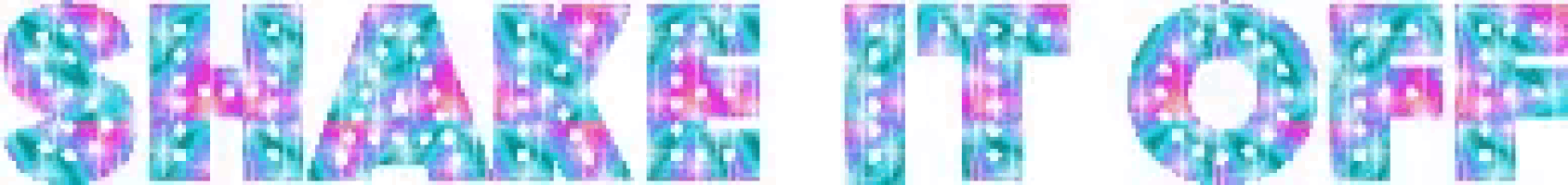 the word shake it off is written in colorful letters on a white background