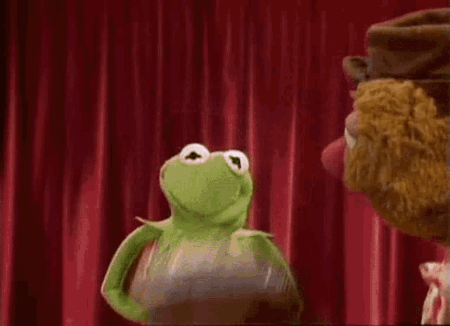 kermit the frog and muppets on a stage looking at a light
