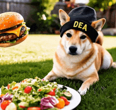 a dog wearing a hat that says dea is laying in the grass