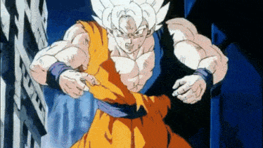 a cartoon character with a lot of muscles is standing in a dark room .
