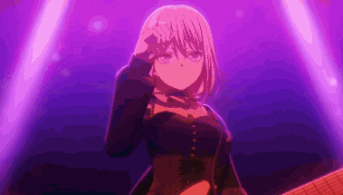 a girl in a black dress is standing in front of a purple background .