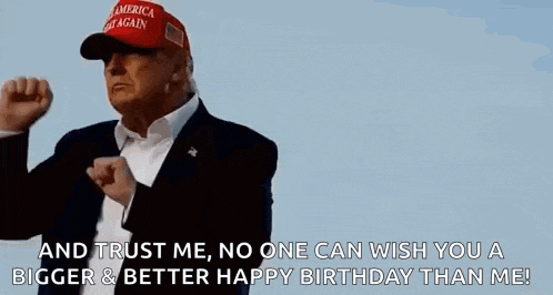 donald trump is wearing a red hat and making a funny face while holding his fist in the air .