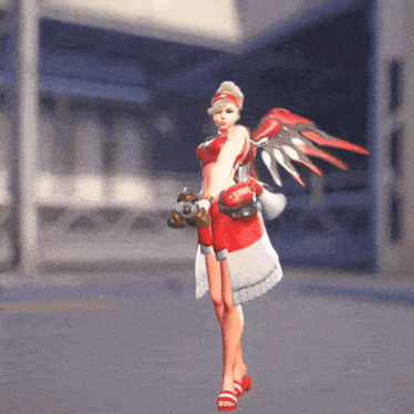 a woman in a red and white outfit is holding a skateboard and a boxing glove with the word boxing on it