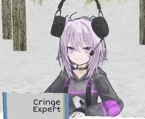 a girl with headphones and a microphone is holding a sign that says cringe expert .