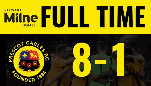 a full time advertisement for prescot cables fc shows a group of players hugging each other