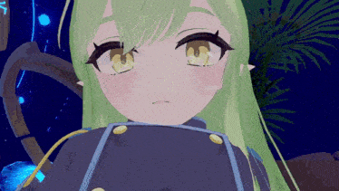 a close up of a green haired anime girl 's face