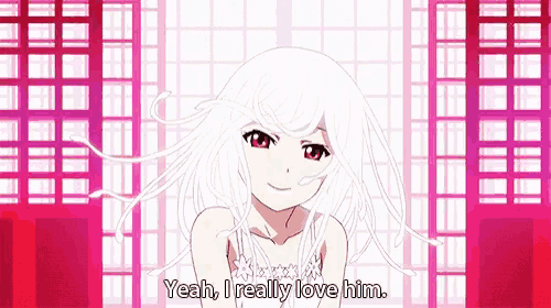 a girl with white hair and red eyes says yeah i really love him