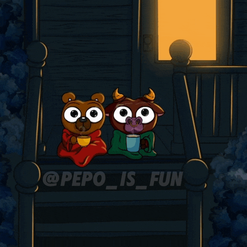 a cartoon of a bear and a bull sitting on a porch with the caption " @pepo_is_fun "