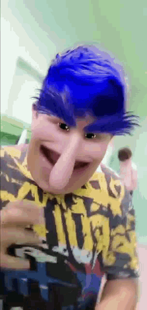 a man with blue hair and a long nose is wearing a mask and making a funny face .