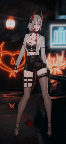 a girl with horns and a devil tail is standing in front of a neon sign