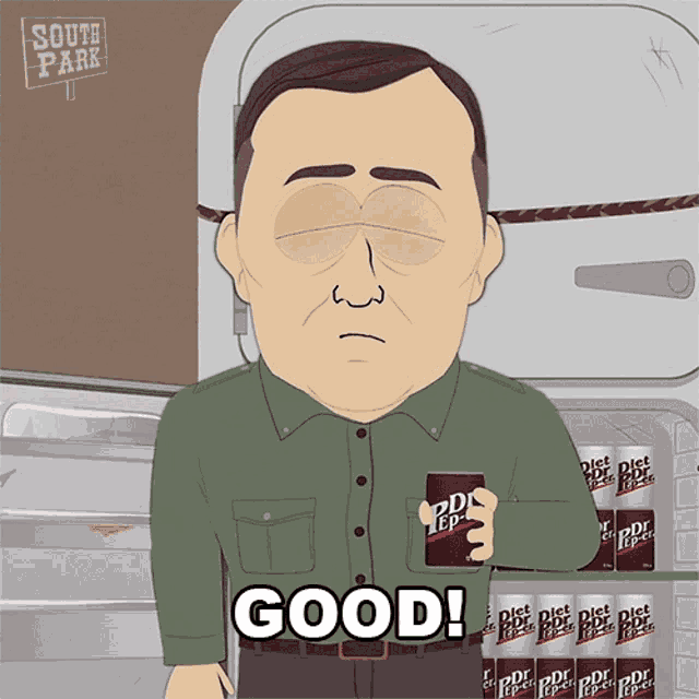 a cartoon character from south park says good