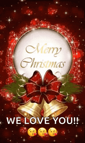 a merry christmas greeting card with bells and a bow