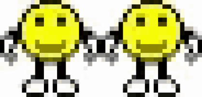 a pixel art of two smiley faces standing next to each other .