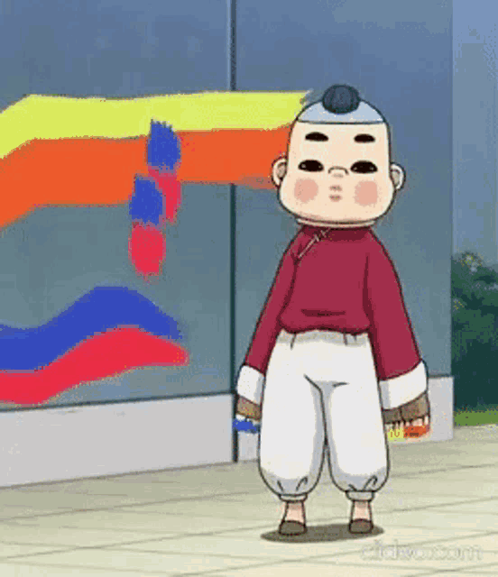 a cartoon character is standing in front of a wall with a rainbow painted on it