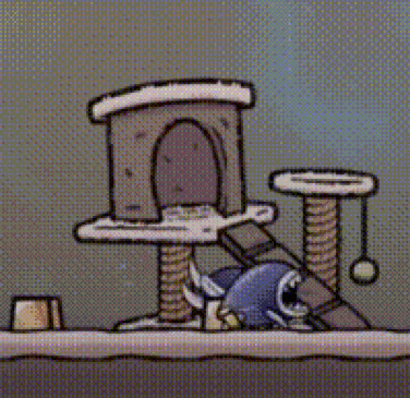 a cartoon of a girl standing next to a cat tree