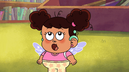 a cartoon girl with a surprised look on her face is wearing wings