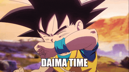 a cartoon character with the words daima time written on the bottom