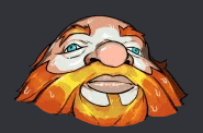 a cartoon drawing of a man with an orange beard and blue eyes