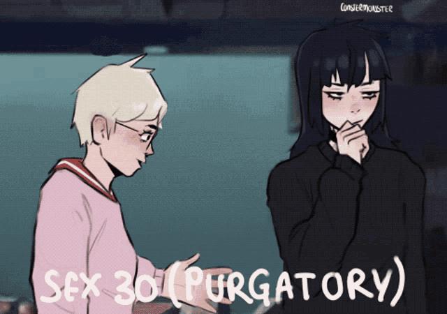 a drawing of two girls with the words sex 30 ( purgatory )