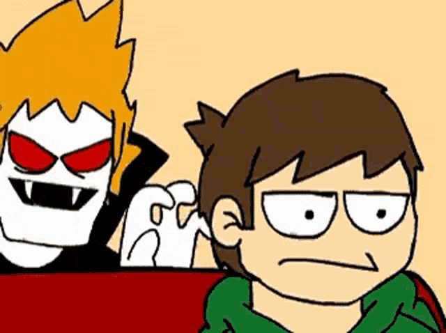 a cartoon character is sitting next to a vampire with red eyes .