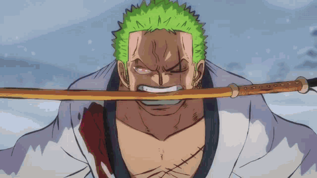 a man with green hair is holding a sword in his mouth in a cartoon .