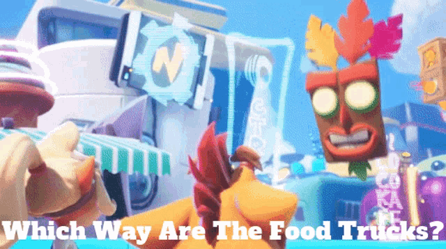 which way are the food trucks written above a video game character