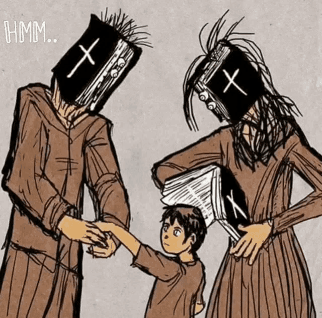 a cartoon of a man and woman with a cross on their heads
