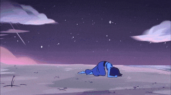 a cartoon character is laying on the ground with a purple sky in the background .