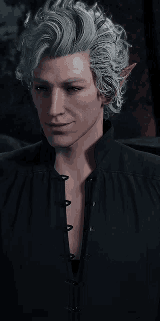 a man with gray hair is wearing a black shirt with buttons on the front