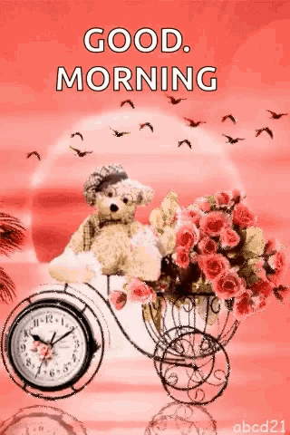 a teddy bear is sitting on a bicycle with flowers and a clock ..
