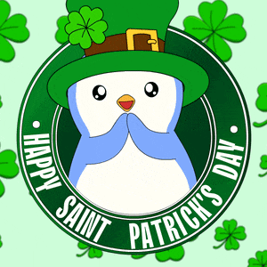 a penguin wearing a leprechaun hat is surrounded by clovers and the words happy saint patrick 's day