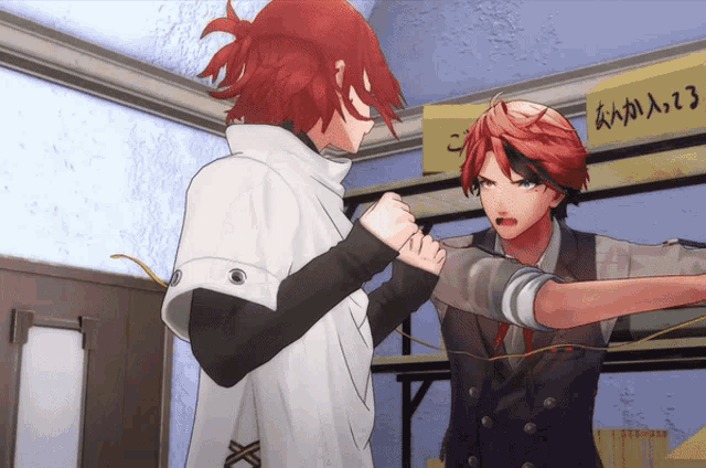 two anime characters are fighting in front of a sign that says ' a '