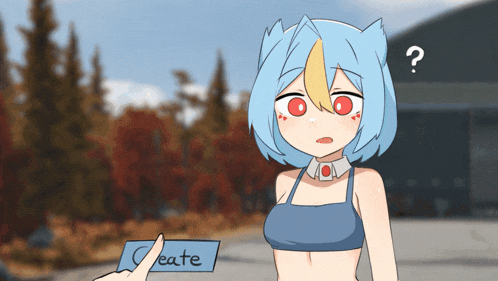 a cartoon of a girl holding a card that says " create "