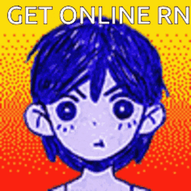a pixel art of a boy with blue hair and the words get online rn on the bottom