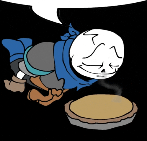 a cartoon drawing of a skeleton holding a pie