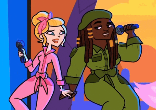 two cartoon characters singing into microphones with one wearing a pink bow