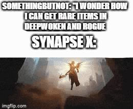 a meme that says `` something but not : i wonder how i can get rare items in deepwoken and rogue synapse x ''