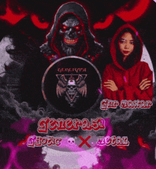 a girl in a red hoodie stands next to a grim reaper with the words generasi gothic x metal on the bottom