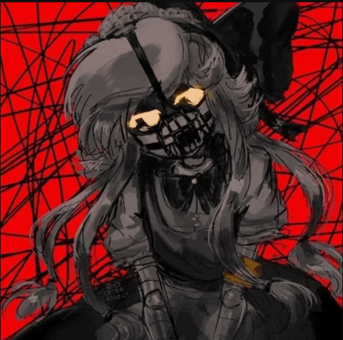 a black and white drawing of a girl with a mask on