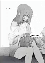 a black and white drawing of a girl petting a boy 's head .