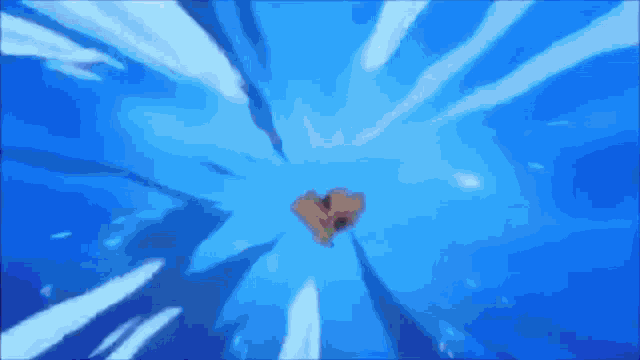 a cartoon character is flying through the air with a blue background