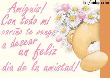 a greeting card with a teddy bear holding a bunch of flowers