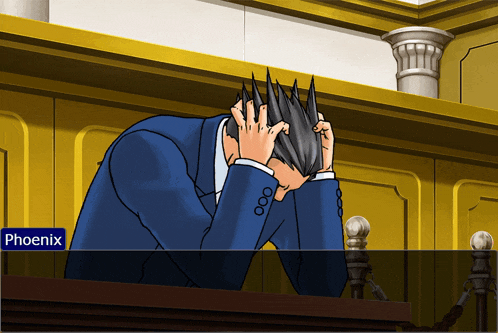 a man in a suit with his head in his hands and the name phoenix in the corner