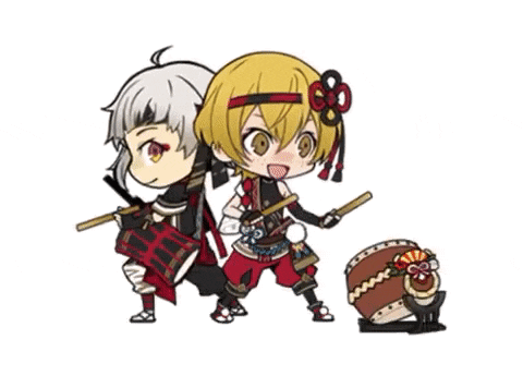 a couple of anime characters standing next to each other holding sticks and a drum